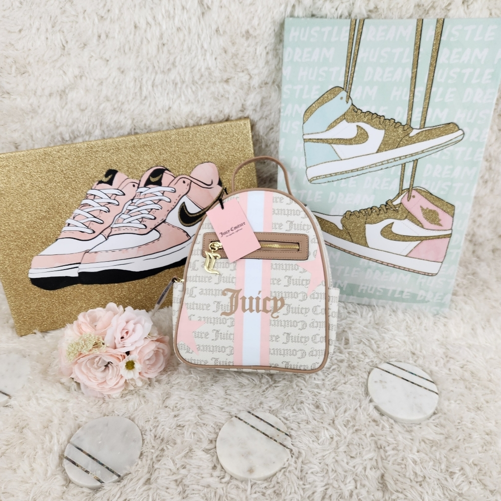Juicy Couture NWT Pink with Cream Trim Logo Mini Backpack Purse Travel B…